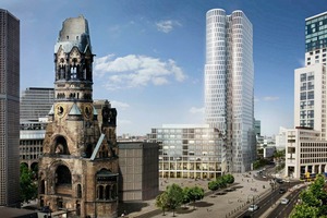  Old and new at Kurfürstendamm: The famous Kaiser-Wilhelm Memorial Church and right behinde the grand Upper West.Alt und neu am Kurfürstendamm: Hat die Kaiser-Wilhelm-Gedächtniskirche eine bewegte Historie hinter sich, startet die des Upper West erst im Sommer. 