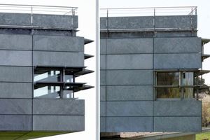  Links die noch junge VHF-Fassade aus feuerverzinktem Stahl, rechts die VHF-Fassade nach elf Jahren. 