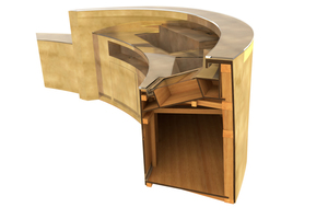  Der Empfangstisch in einer 3D-Visualisierung. Funierschichtholz und Sperrholzplatten stabilisieren den Tisch von innen. 