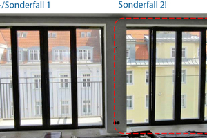  Bild 2: Gleiches Fenster, aber unterschiedliche Einbausituationen und daraus resultierende Anforderungen(links mit Balkon und Geländer, rechts mit französischem Balkon = absturzsicherndes Fenster) 