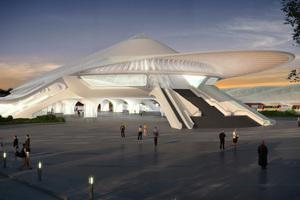  The entrance of the main railway station at Mons represented in the architect‘s plan of Santiago Calatrava.Der Eingangsbereich des Bahnhofs im Belgischen Mons nach dem Entwurf von Architekt Santiago Calatrava. 