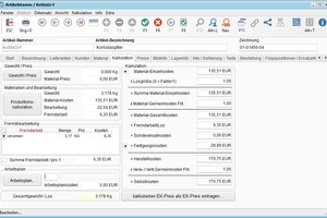  Effiziente Kalkulationsabläufe: Bereits im Artikelstamm können Produkte kalkuliert und die Daten inklusive Kalkulation jeweils in den Auftrag kopiert werden. 