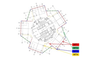  <div class="bildtext">Der Grundriss auf mittlerer Höhe des Turms zeigt fünf rechteckige Gebäudeflügel und fünf Pufferzonen, die zur natürlichen Belüftung als Atrien gestaltet wurden.</div> 