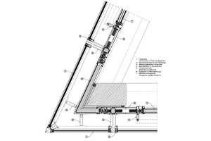  Horizontalschnitt Fensterelemente: 3. OG, Verglasung von außen, Glaspaneel-Ecke. 