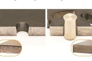  Vergleich der Schnittergebnisse in 10 mm Baustahl mit Lochdurchmesser = 12 mm; links: konventionelles Plasmaschneiden; rechts: Plasmaschneiden mit erhöhter Einschnürung. 