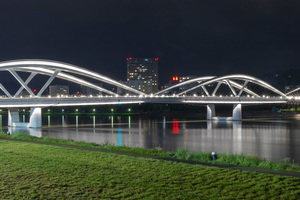  <div class="bildtext">Die neue Linzer Brücke  — 396 m lang — ist an den drei Bögen zu erkennen wie schon die alte.</div> 