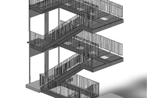  Der Stahlbau des ­Treppenhauses besteht aus zwei brücken­artigen ca. 7 Meterlangen Einheiten.  