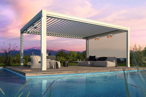  Lamellendächer bieten nicht nur Wetterschutz für Terrassen, sondern werden immer häufiger freistehend im Garten platziert – z.B. am Pool. 