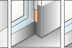  Links Anschlussflansch (orange) und seitlicher Baukörperanschluss mit Fugendichtungsfolie, Bild Mitte mit Bauwerksabdichtung, Bild rechts mit Führungsschiene. 