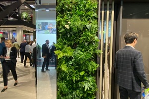  Schüco hat nachhaltige Fassadenlösungen gezeigt.In die Fassade lassen sich sowohl Grünpflanzen als auch Solarpaneele integrieren. 