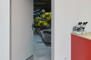  Eine große, einflügelige Feuerschutz- und Rettungswegtür mit Obentürschließer im Ausstellungstrakt. 