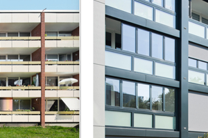 Die Wohnanlage vor und nach der Modernisierung in direkter Gegenüberstellung. 