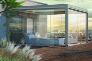  Das Artares Terrassendach kann seitlich mit Glasschiebewänden geschlossen werden. 