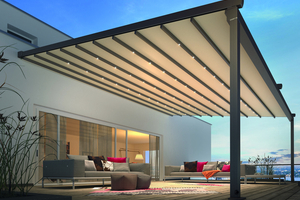  Die Pergola-Markise Tex II von Weinor ist regendicht und hat einen kontrollierten Wasserablauf. 