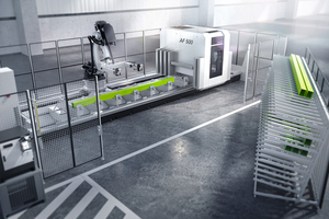  Die Roboterzelle RX Load 500 ist perfekt auf das Schüco Fünf-Achsen-CNC-Bearbeitungszentrum AF 510 abgestimmt. 