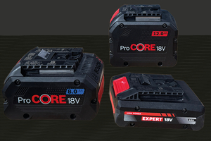  Der Hochleistungsakku Expert 18 V/4 Ah – rechts unten im Bild – bringt dieselbe Leistung wie der Pro Core 18V/8 Ah oder der 18V/12 Ah. 
