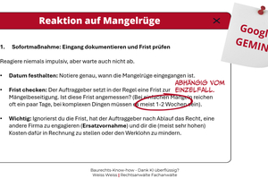  Google Gemini schlägt für einfache Mängelbeseitigung ein bis zwei Tage Frist vor, für komplexere Mängel bis zu zwei Wochen. Aber die Zeiträume für die Beseitigung sollten immer fachlich und betrieblich nachvollziehbar begründet sein. 