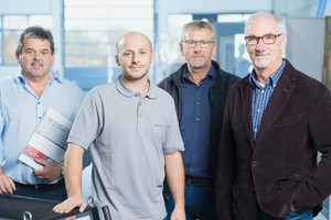  Die Einführung des tigSpeed sorgt für zufriedene Gesichter: Produktionsleiter Manfred Lepp und Schweißer Valmir Xhaferi von Hering. Robert Bernhard und Dieter Raab von Slatina Schweißtechnik (v.l.n.r.). 