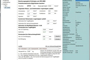  Mit der Software Glastik Standard von MKT wurde eine linienförmig gelagerte Terrassenüberdachung nach der alten TRLV (o.) und nach der neuen DIN 18008 (u.) vergleichsweise berechnet. Das unterschiedliche Ergebnis zeigt, dass bisherige Erfahrungen bei der Glasdimensionierung nicht mehr zählen. 