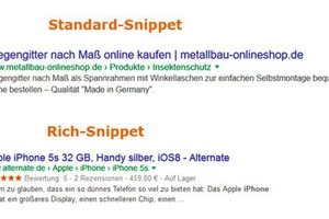  Oben: ein Standard-Snippet mit oberflächlichen Informationen. Unten: ein Rich-Snippet mit vielen detaillierten Daten für eine höhere Klickchance. 