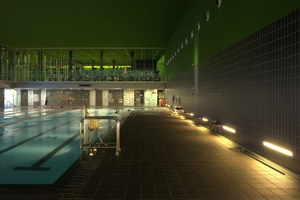  Bei der Trennung der Sportbereiche vom Hallenbad wurde ebenfalls das Fassadensystem Wictec 50 verwendet. 