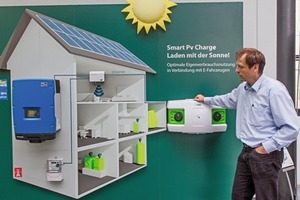  Hans Urban erläutert das Lademanagement der Wall-Box Smart PV ­Charge, die mit dem Intersolar Award 2013 ausgezeichnet wurde. 