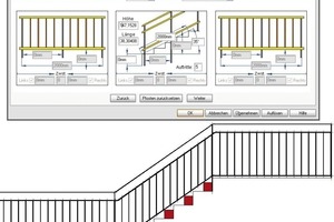  Mit dem Geländermodul wird die Treppe angepasst. Die roten Quadrate warnen vor der Überschreitung des 15-cm-Würfels (l.). Das Gartentor wird von außen nach innen konstruiert: Grundskizze, Profilrahmen, Stabfüllung oder Varianten
 